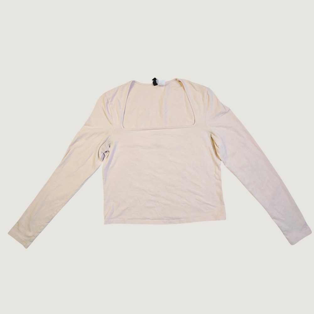 H&M Women Divided Long Sleeve Top Size M Pink Square Neck Stretch Minimalist C82